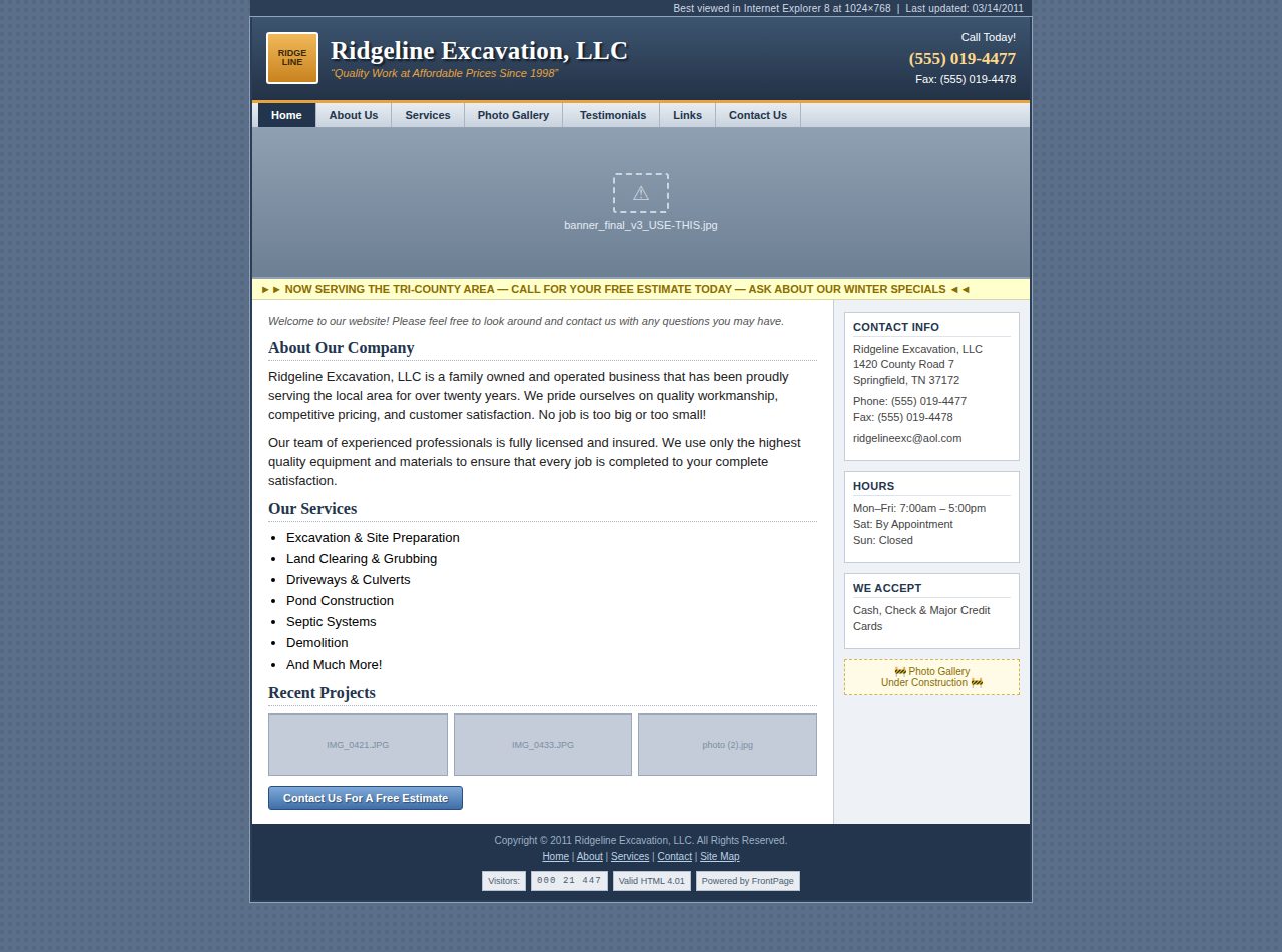 A dated contractor website from 2011 with a broken banner image and an under construction notice